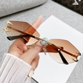 Modern rimless polygon sunglasses with gradient brown lenses and golden metal claw accents - Rimless Polygon / Gold Frame Double Tea