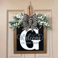 Personalized letter G wooden welcome door sign with black base and white floral bow - Letter G