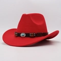Close-up of red felt cowboy hat with leather band and turquoise stone centerpiece detail - Kids [52-54cm] / Red Cowboy (Wood Beads & Turquoise)