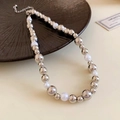 Detail of silver metallic beads and white faux pearls with lobster clasp and chain - Metal Bead Faux Pearl Style (122#)