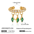 Detailed view of gold stainless steel ear cuff with green marquise zircon pendants - Emerald Pendant Ear Clip Style (JDE0306072-GN)
