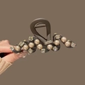 Braune Acryl-Haarklammer mit Perlen, Strasssteinen und LOVEDAYS-Metallplakette - Kaffee Perlen Strass Haarklammer