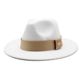 Elegant white wool fedora hat with wide brim, khaki ribbon and gold bee accent - White