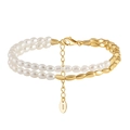 Élégant bracelet en argent S925 avec perles d'eau douce blanches et perles dorées - Bracelet Double Rang en Perles et Billes Métalliques Or 14K (GPB29-14K)