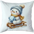 Housse de coussin de Noël blanche avec un bonhomme de neige aquarelle sur un traîneau - Style 27