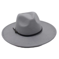 Detail of light gray wool fedora hat featuring a black leather belt with gold metal buckle - Light Gray (Belt Style)