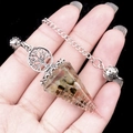 Tree of Life resin energy pendulum with crystal gravel and copper coils on a silver chain - Prehnite