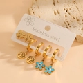 6-piece gold stainless steel earring set with clover, tree of life and blue evil eye charms - Flower Tree of Life Earring Set (G317)