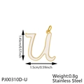 Macro shot of white enamel letter U charm with gold stainless steel edges and size specs - Letter U-White