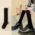 Classic black knee-high socks with vertical ribbed knit and elastic retro college style - One Size / Striped Calf Socks - Black