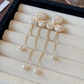Macro detail of baroque pearl flower earrings with elegant gold tassel and crystal - 17# Silver Needle-Golden Pearl Flower Tassel