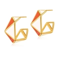Modern geometric earrings with 18K gold plating and orange white enamel contrast - Orange White Polyhedron (KE0771-1)
