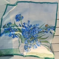Square satin scarf featuring blue iris floral print and dark green border detail - Blue Ink-wash Floral Square Scarf / 65