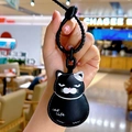 Cute black leather cartoon cat keychain with matching spiral wrist strap and hook - Black Charm-Chubby Cat