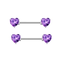 Pair of silver heart-shaped nipple rings featuring brilliant purple zircon gemstones - One Pair / Silver Purple Zirconia