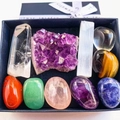 Natural crystal collection box with amethyst cluster, selenite wand and polished gemstones - Tumbled Stone and Amethyst Cluster Gift Box