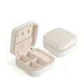 Mini cream velvet jewelry box with zipper closure and portable necklace storage hooks - Beige