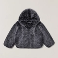 Detailed macro view of gray faux fur hoodie texture with metallic cross zipper pull - S / Silver Black Fox