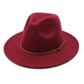 Close-up of wine red wool fedora hat with brown faux leather belt and bronze buckle - M (56-58cm) / Burgundy