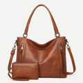 Detailed view of the vintage brown faux leather texture and metallic zipper of the tote - Shoulder Bag Set / Brown (Model 072)