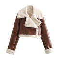Detail of cropped brown PU jacket with cream faux shearling lining and collar - XS / Dark Coffee