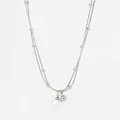 Double-layered silver stainless steel necklace featuring small beads and a white pearl pendant - Silver (PDD883)