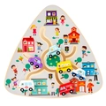 Wooden vehicle traffic maze puzzle with police car, school bus and city buildings - Traffic Theme
