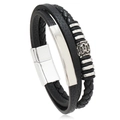 Macro detail of multi-layer black braided leather bracelet with silver magnetic clasp - Black 04