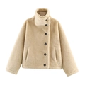 Veste réversible en fausse fourrure beige pour femme avec col montant et boutons - XS / Kaki