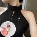Pink tulip brooch with opal and zircon accents on a golden metal base pin - Tulip Flower Style (90445)