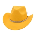 Detailed view of yellow wool felt cowboy hat with sparkling rhinestone band decoration - Small Wide Rhinestone / Yellow
