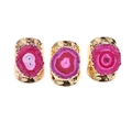 Handmmered golden brass rings featuring unique irregular pink natural druzy agate stones - Sun Flower Red