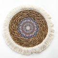 Bohemian round woven straw wall hanging with white tassels and blue mandala center - Pattern 3 (With Tassels 25cm)