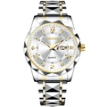 Two-tone steel quartz watch for men with white dial and day-date display window - Gold Band White Dial Men