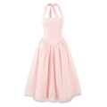 Robe midi vintage rose clair à licou avec taille haute et jupon en maille multicouche - S / Rose