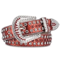 Detail of red Western rhinestone belt with silver buckle and sparkling crystal studs - 105cm / Red with Silver Red Buckle
