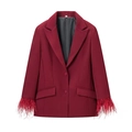 Blazer slim rosso da donna con revers a lancia ed eleganti polsini in piuma rossi - S / Tops