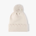 Bonnet en maille côtelée blanc crème pour femmes avec pompon en fourrure et motif vague - Taille unique / Poche zippée