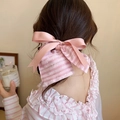 Elegant pink satin bow scrunchie with lace details worn on long brown hair - Pink Satin Stripe Bow (18#)