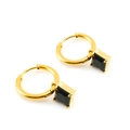 Golden titanium steel hoop earrings featuring square black zircon stone pendants - Black Zirconia
