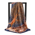 Elegant Tree of Life print silk satin square scarf displayed on minimalist black metal stand - Lush Branches Navy Blue (SD90-22-3)