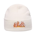 White knitted beanie with embroidered flame graphic in a streetwear hip-hop style - Colorful Flame Embroidery / White