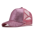 Roze glitter honkbalpet voor dames met paardenstaart-opening en ademend mesh design - Eén Maat(Verstelbaar) / Roze