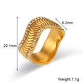 Detail view of 18K gold plated wavy ring with cubic zirconia showing 22.1mm height dimensions - Wavy Diagonal Stripe Ring with Side Stones-Gold