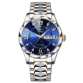 Men's luminous quartz watch with blue dial, gold accents and stainless steel calendar band - Polygon Two-tone Strap (Silver Ring) - Blue Face