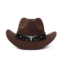 Detail of brown wool cowboy hat featuring a silver bull head emblem and metal rivets - M (56-59cm) / Brown Rivets