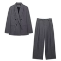 Dames tweedelig grijs double-breasted pak met schoudervullingen en wijde pijpen broek - XS / Grijs