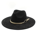 Unisex black suede fedora hat with camel leather belt and golden metal buckle - M (56-59cm) / Black Suede