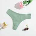 Green ribbed cotton women's T-back thong with high waist cut on white background - Bean Green