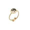 Minimalist 18K gold plated stainless steel twisted ring with black and white Yin Yang design - Adjustable Open / Black and White